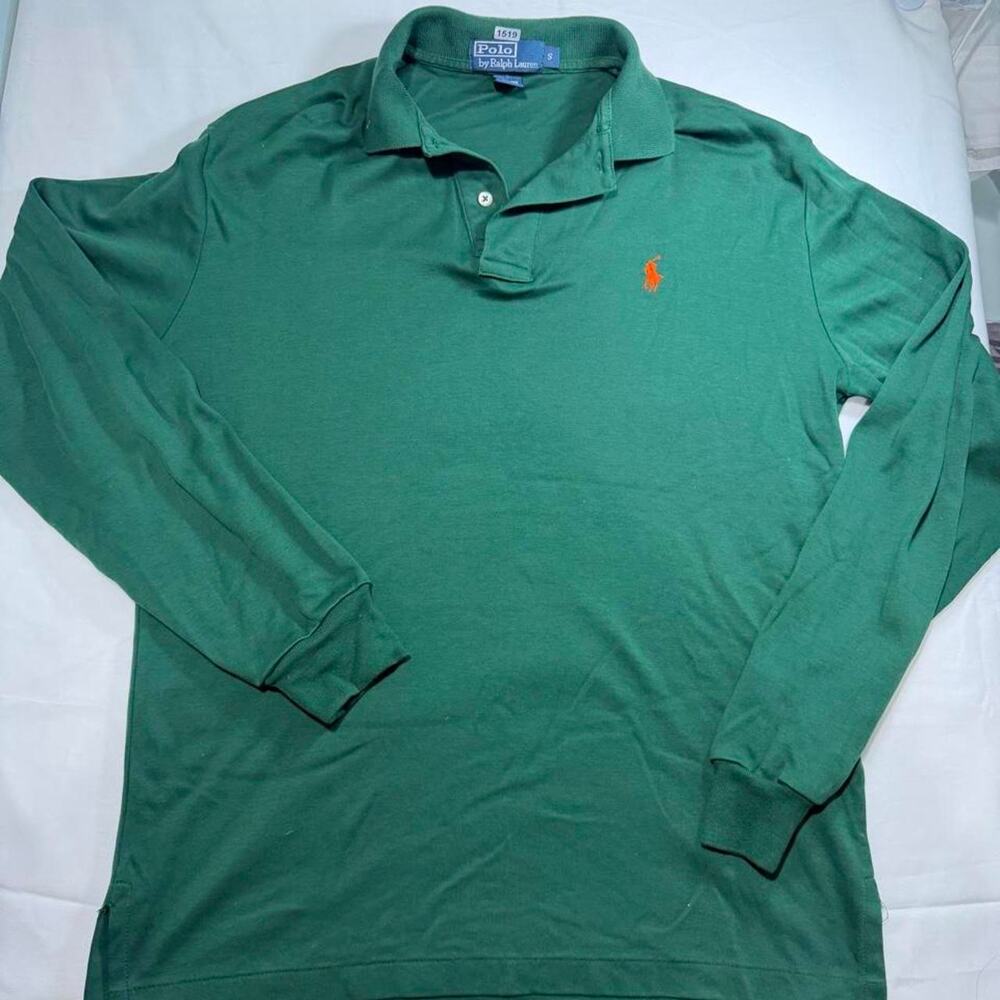 Vintage Polo by Ralph Lauren Mens S Green Long Sleeve Polo Shirt Orange Pony
